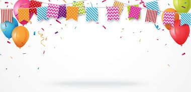 Doğum günü kartı arka plan renkli vektör Illustration. Sınır renkli bayraklar, balonlar ve konfeti beyaz zemin üzerine yapılan