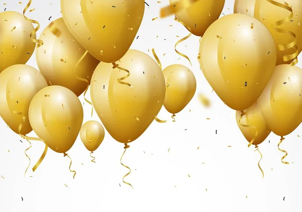 生日贺卡背景的矢量插图 白色的金色气球和五彩纸屑组成的一群 — 图库矢量图片