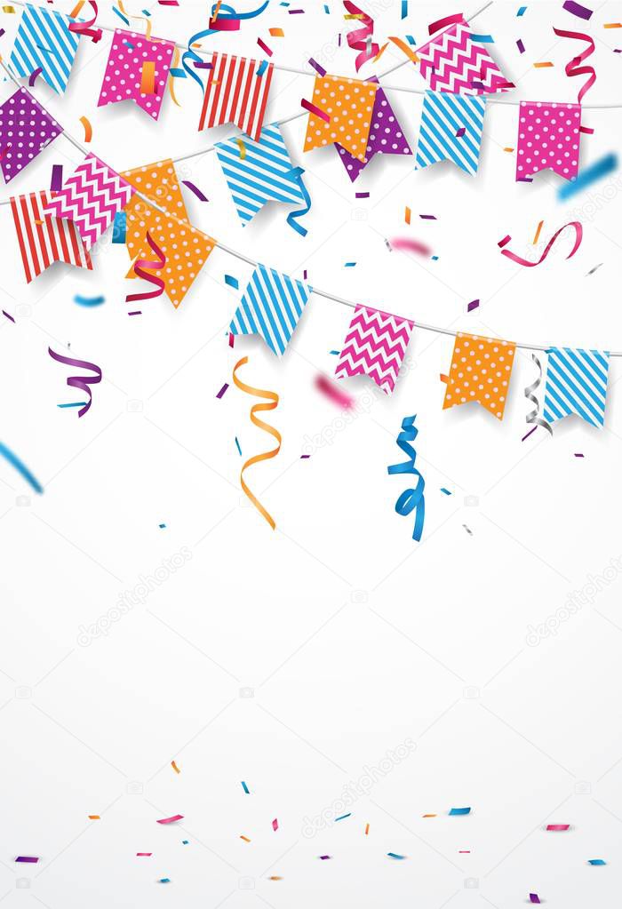 Colorful vector illustration of Birthday card background. Border of colorful flags and confetti on white background with copy space