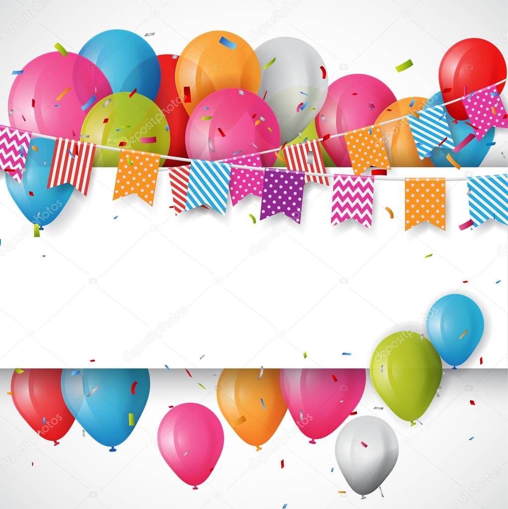 Colorful vector illustration of Birthday card background. Borders made of colorful flags, balloons and confetti on white background with copy space