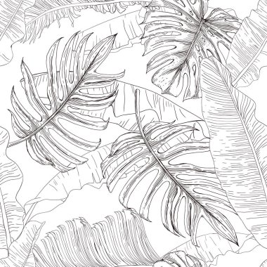 Siyah ve beyaz tropikal muz ve palmiye yaprakları