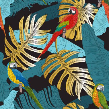 Tropik bitkiler ve renkli papağanlar