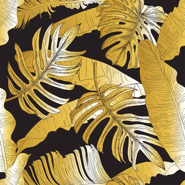 Guldblad av tropiska blad av banan och palm — Stock vektor