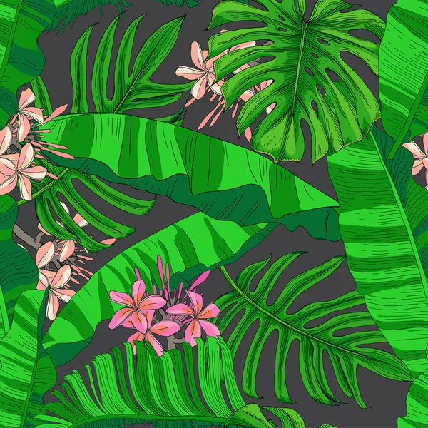 Tropiska banan- och palmblad samt plommonblommor — Stock vektor