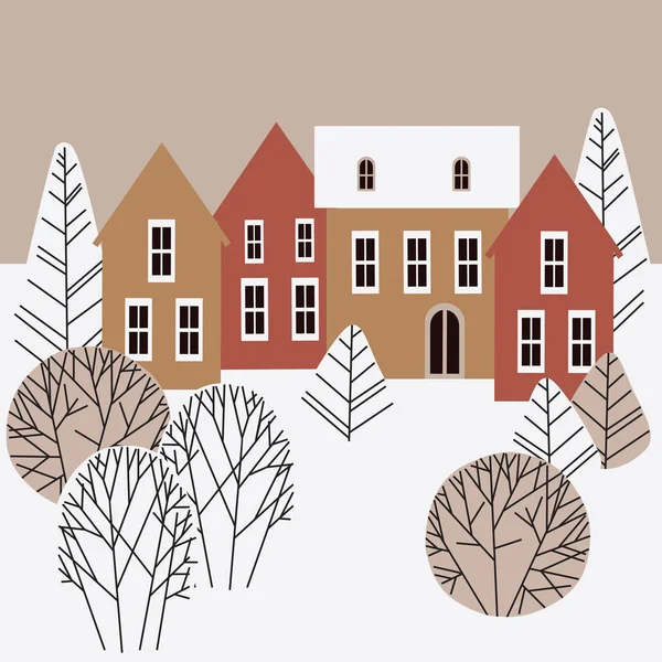 Cartão de saudação com casas e árvores no inverno — Vetor de Stock
