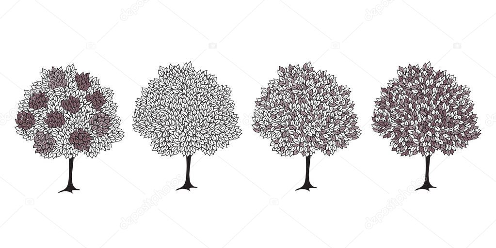 Set of fantasy trees. Outline drawing on a white background. Postcard, poster.