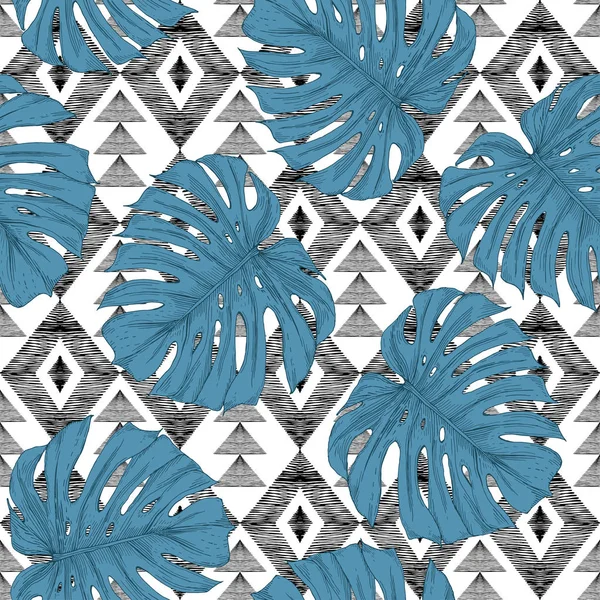 Blue monstera leaves on graphic background