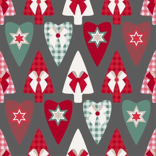 灰色背景下的圣诞树和红心图案 — 图库矢量图片