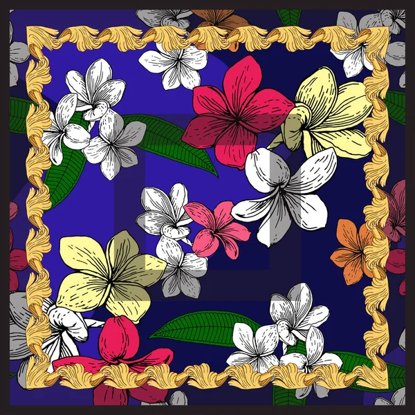 フレーム内の青の背景にカラフルなプルメリアの花 — ストックベクタ