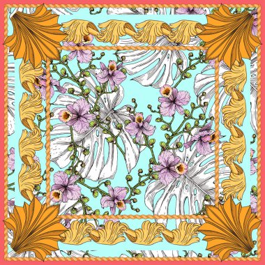 Orkideler ve tropik beyaz yapraklı mendil.