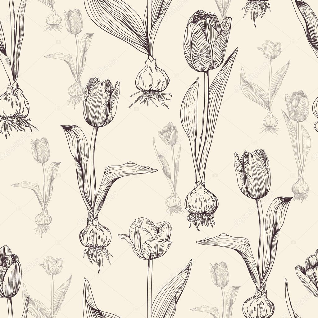 Seamless vintage pattern with tulip flowers