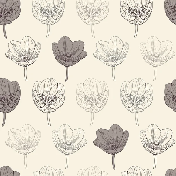 Patrón vintage tulipanes beige y marrón — Vector de stock