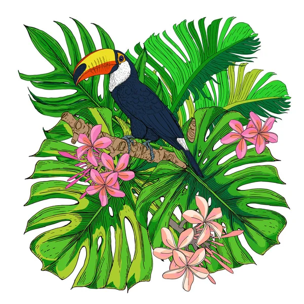 Toucan Fågel Bakgrunden Tropiska Blommor Och Blad Färg Vektor Illustration — Stock vektor