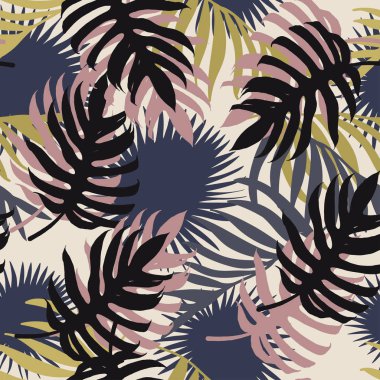 Farklı soyut tropik yaprakların kusursuz deseni. Açık arkaplanda siyah, pembe, gri ve yeşil yapraklar var. Farklı yüzeyler için tropikal iz.