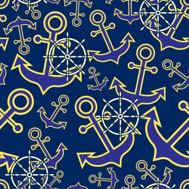 Büyük ve küçük çapa ve miğfer desenleri. Sarı çizgili mavi çapalar ve mavi arka planda beyaz miğferler. Kusursuz desen.