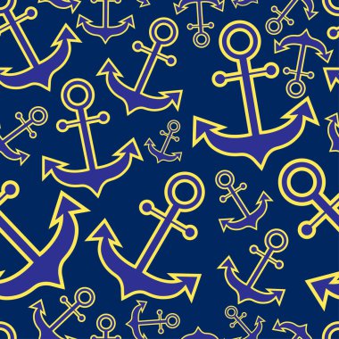 Büyük ve küçük çapaların deseni. Mavi arka planda sarı çizgili mavi çapalar. Kusursuz desen.