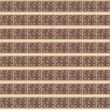 Bej ve kahverengi tonlarda etnik desen. Bej yatay çizgilerde kahverengi kıvrımlı çizgiler. Kusursuz vektör deseni.