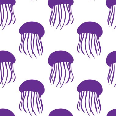 Beyaz arka planda mor denizanası deseni. Soyut elementleri ayır. Deniz tarzında kusursuz bir desen..