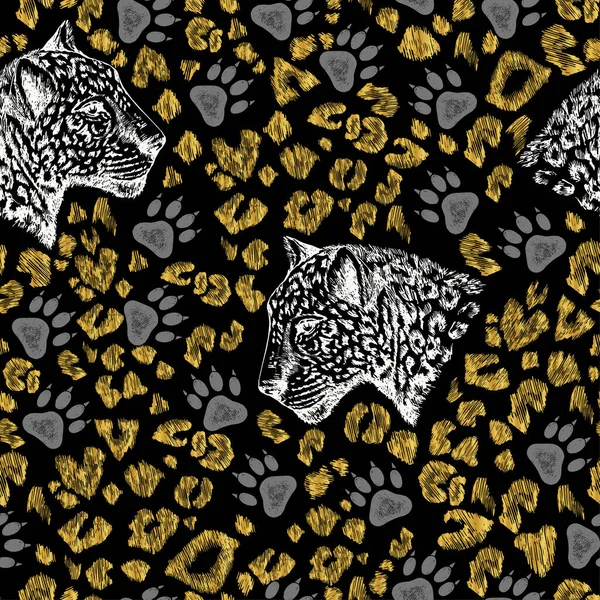 Konturenmuster Mit Leopardenköpfen Und Nachahmung Der Haut Weiße Raubtierköpfe Goldflecken — Stockvektor
