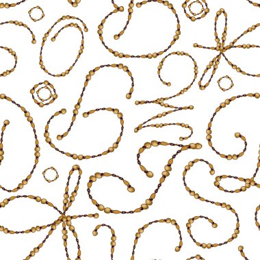 Boncuklardan ayrı harfler. İngiliz alfabesinin büyük harfleri. Beyaz arka planda sarı-kahverengi çizgiler. Kusursuz desen