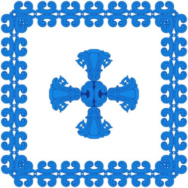 Barok desenli çerçeveli mavi bir haç resmi. Tekstil ve kağıt için mavi ve beyaz resim.