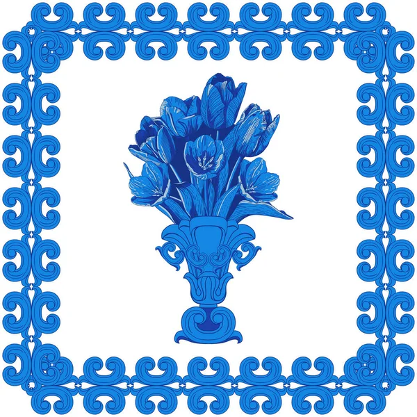 Szalik Zdjęciem Oddzielnego Wazonu Kwiatami Ramce Tulipany Kolorze Niebiesko Białym — Wektor stockowy