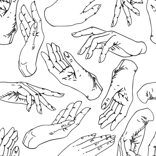 Schwarz Weißes Muster Schöner Weiblicher Hände Auf Weißem Hintergrund Nahtloses — Stockvektor