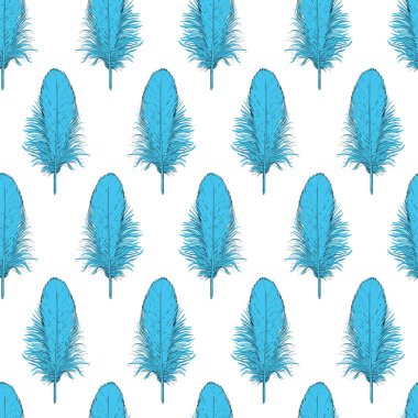Beyaz arka planda mavi tüylü kuş tüylerinin deseni. Farklı yüzeyler için kusursuz vektör deseni.