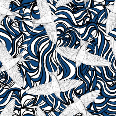 Soyut bir arka planda uçan kırlangıçlar. Beyaz kuşlar, dalgalı çizgilerin siyah-beyaz arkaplanında rastgele yer alıyorlar. Farklı yüzeyler için kusursuz desen.