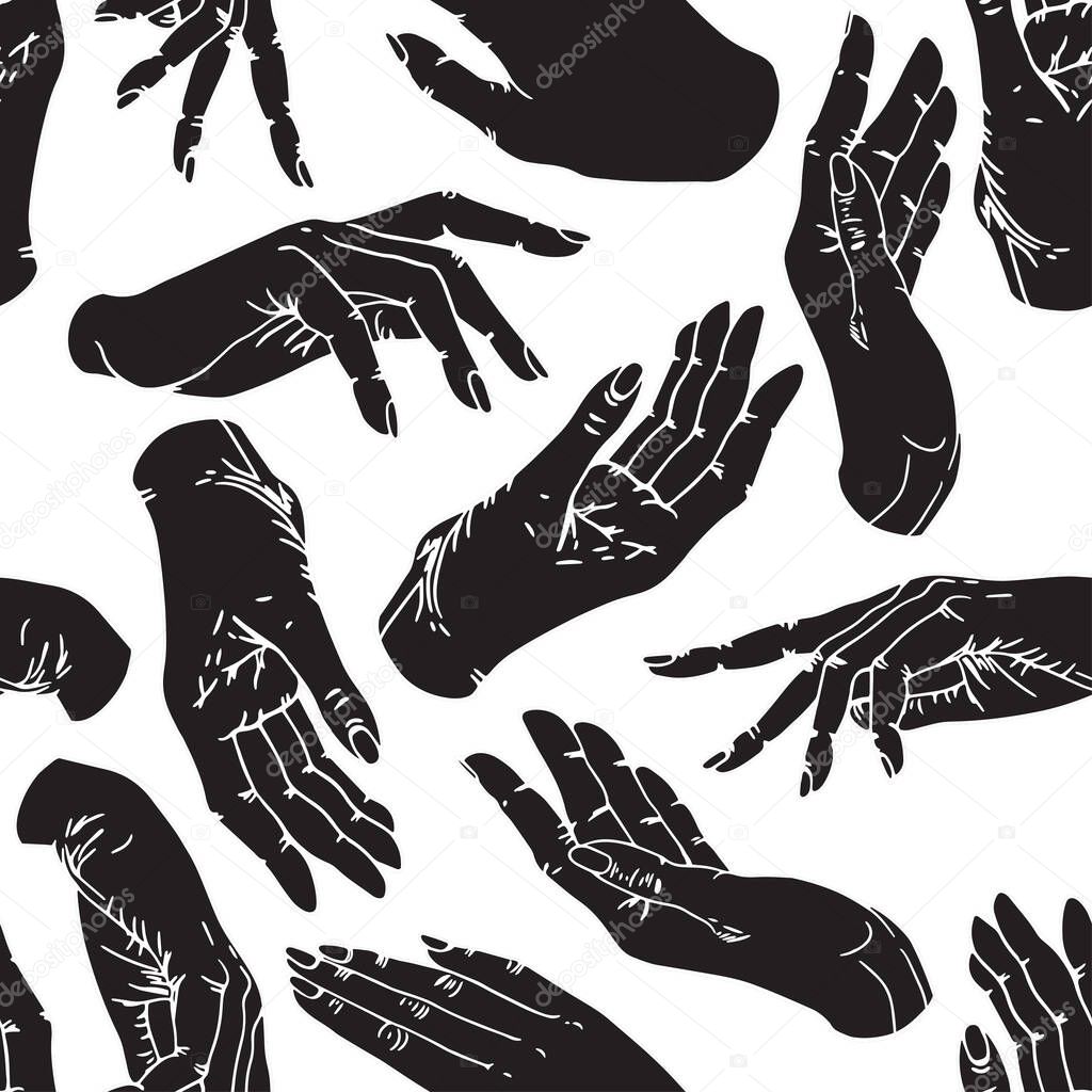 Beautiful human hands drawn by a white outline on a black background. Monochrome trendy vector pattern for different surfaces.