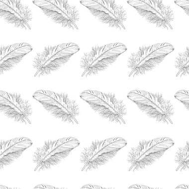 Beyaz arka planda kuş tüyleri var. Tek renkli çizim kalıbı. Siyah bir çizgiyle çizilmiş nesneler. Kusursuz vektör deseni.