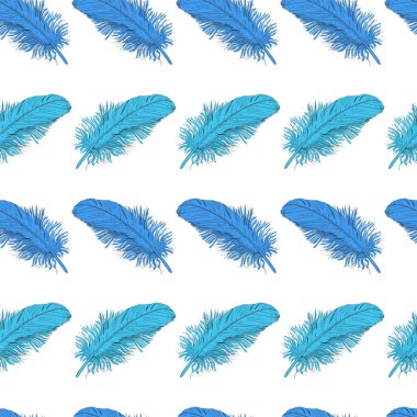 Koyu mavi ve mavi kuş tüyleri beyaz arka planda serilmiştir. Güzel detayları ketçap şeklinde ayır. Kusursuz vektör deseni.