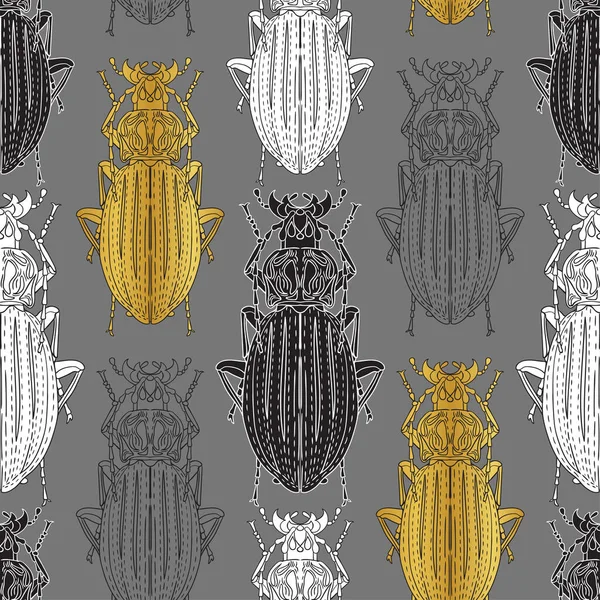 Escarabajos Largos Dorados Negros Grises Blancos Sobre Fondo Gris Patrón — Archivo Imágenes Vectoriales