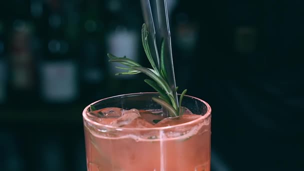 Någon Sätter Grön Kvist Cocktailen Bartendern Gör Cocktail Baren Processen — Stockvideo