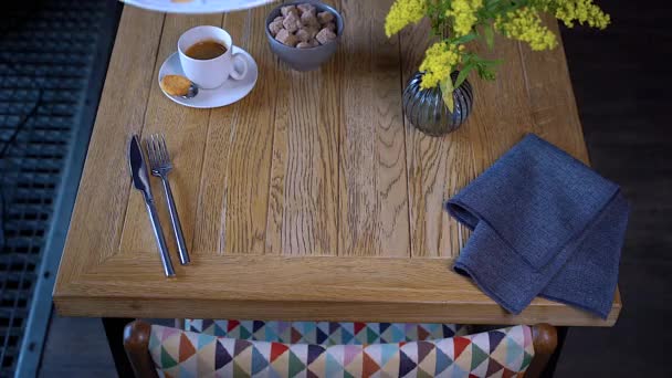 Waiter Putting Dish Table Someone Bringing Dish Restaurant Serving Breakfast — Stock Video