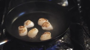 Şef deniz tarağı pişiriyor. Deniz tarağı tavada pişiyor. Birileri deniz mahsulleri pişiriyor. Deniz tarağının yakın çekimi..