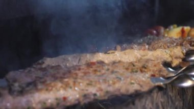 Birisi kebap pişiriyor. Şef bir et kebabı hazırlıyor. Şiş kebap kazıkta hazırlanıyor. Et kızardı. Yemek videosu yavaş çekim restoran mutfağını kapatıyor.. 
