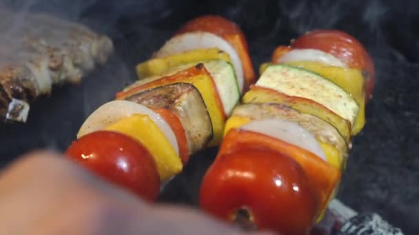 Alguien Está Friendo Una Barbacoa Verduras Chef Está Preparando Kebab — Vídeos de Stock