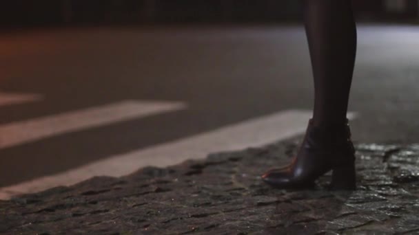 Το κορίτσι περπατάει μόνο του το βράδυ. Το κορίτσι θαυμάζει τον εαυτό της. Κορίτσι περπατά στην πόλη — Αρχείο Βίντεο