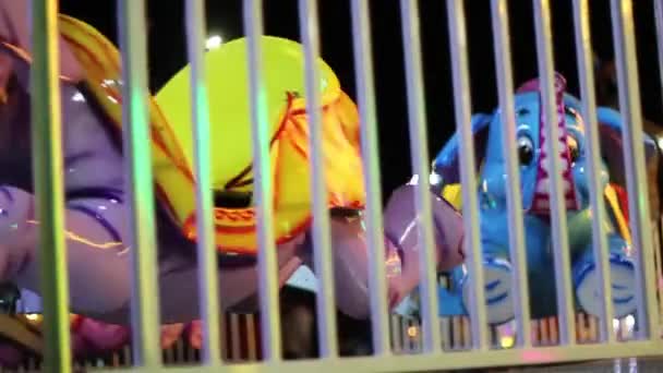 Amusement park. Evening leisure park. A lot of bright light bulbs. Bright rides — Stock Video