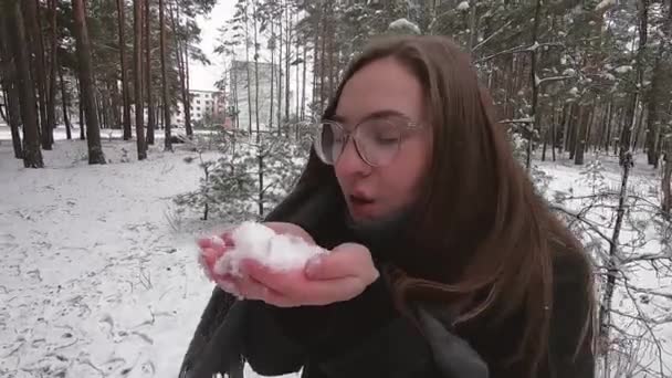 Κορίτσι φυσάει στο χιόνι. Έχει πολύ χιόνι. Χειμώνας στο δάσος. — Αρχείο Βίντεο