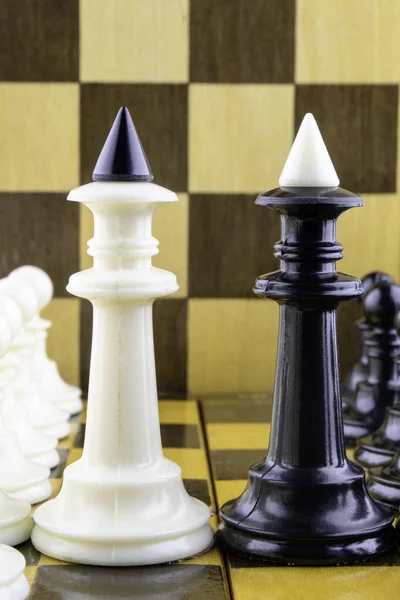 Schackpjäser står mitt emot varandra, kungar i centrum vertikala — Stockfoto