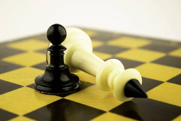 El rey dragón blanco del ajedrez yace en un tablero de ajedrez cerca de un peón negro, el concepto — Foto de Stock