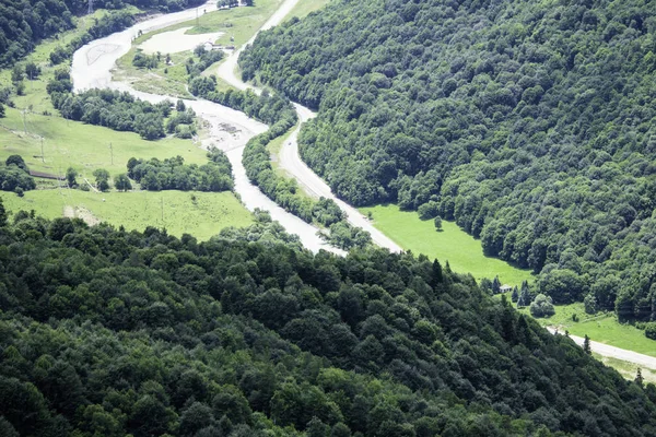 Bergslandskap, floddal, berg, gröna träd, dal, flod, glaciärer. Dalen vid en Zelenchuk-flod. Arkhyz, Karachay-Tjerkessien, Ryssland — Stockfoto