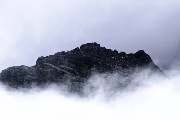 Paisagem de montanha floresta de montanhas, gelo geleiras nuvens de neve, Dombay, Karachay-Cherkessia, Rússia — Fotografia de Stock