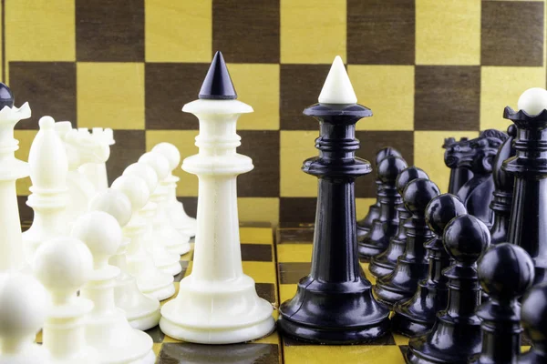 Schackpjäser står mitt emot varandra, kungar i centrum — Stockfoto