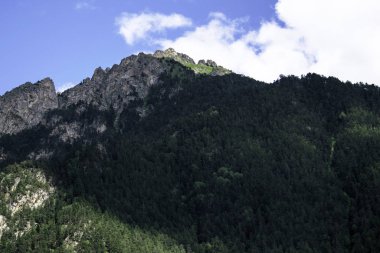 Dağ manzarası - dağlar orman, kayalar buzullar kar bulutları, Dombay, Karachay-Cherkessia, Rusya