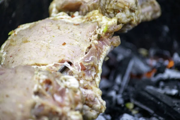 Свинина шашлык. мясо жарится на угле — стоковое фото