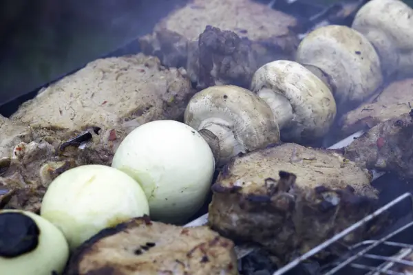 Schaschlik. Fleisch wird auf Kohlen gebraten — Stockfoto