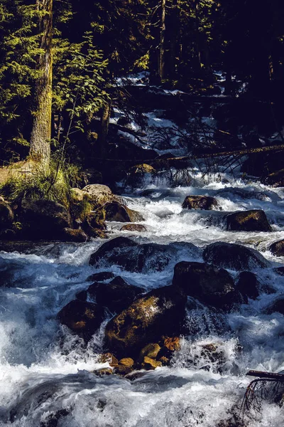 Das Wasser des stürmischen Gebirgsflusses, der zwischen Steinen und Geröll fließt — Stockfoto